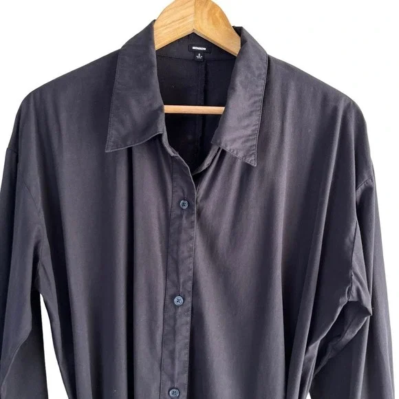 Monrow Asymmetrical Poplin Tie Shirt Dress in Black 100% Cotton, Size Small - Picture 4 of 14